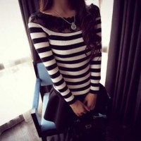  De la Mujer Slim Fit Encaje Floral Costura Collar de manga larga de punto Pullover Sweater Hombro Estiramiento que basa remata la blusa la camiseta Sudaderas negro blanco