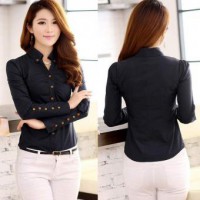 Elegante Botón Estilo Oficina OL solapa manga larga delgada camisa cabida Tops Yucheer Negro