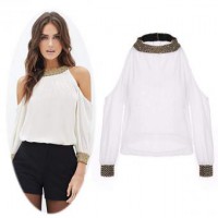 Manga larga de las lentejuelas mujeres de las señoras de la gasa Off-hombro del collar del soporte de la blusa Blanco