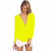 Moda Moda Mujeres Ropa Mujeres Camisas Mujer Camisa Manga Larga Mujer El látigo de cuerda y el viento imprimir camisetas cuello en V, camisas camisa manga de cabeza de aves OEM WD278 AMARILLO