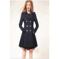 Women Lapel Windbreaker Blue Parka Coat Trench Outwear Jacket